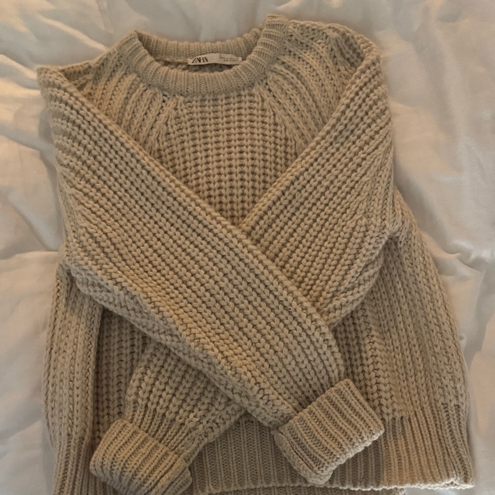 Zara Taupe Knit Crew Neck Sweater